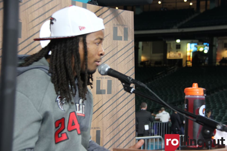 (Photo from Rolling Out Archives) Devonta Freeman speaks to the media on Super Bowl week in Houston.