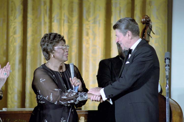  Fitzgerald with President Reagan after performing for King Juan Carlos I of Spain in the East room Ella (Photo Source: White House Photo Office)