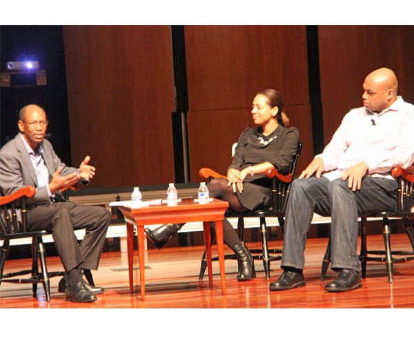 Ron Thomas, Dir. Journalism and Sports Program, Morehouse College leads the discussion with Charles Barkley and Turner VP/Talent Tara August for “A Night With Sir Charles” at Ray Charles Performing Arts Center.
