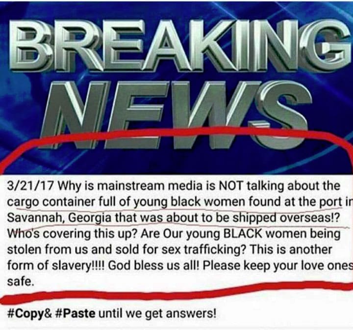 Facebook hoax going viral about Black and missing girls in Savannah, GA is fake news (Photo source: Facebook viral hoax image)