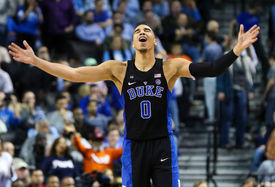 Duke forward Jayson Tatum (0) reacts as time ticks down during the semifinals of the 2017 New York Life ACC Tournament at the Barclays Center in Brooklyn, N.Y., Friday, March 10, 2017. (Photo by David Welker, theACC.com)