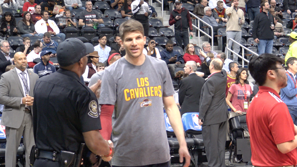 (Photo By: Rashad Milligan) Former Atlanta Hawks guard Kyle Korver greets Phillips Arena security guard in his first game in Atlanta after being traded to the Cleveland Cavaliers. Photo taken on March 4.