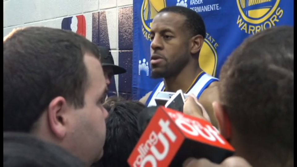 (Photo by: Rashad Milligan for Rolling Out) Iguodala talks to media on March 6 after a win over the Atlanta Hawks.