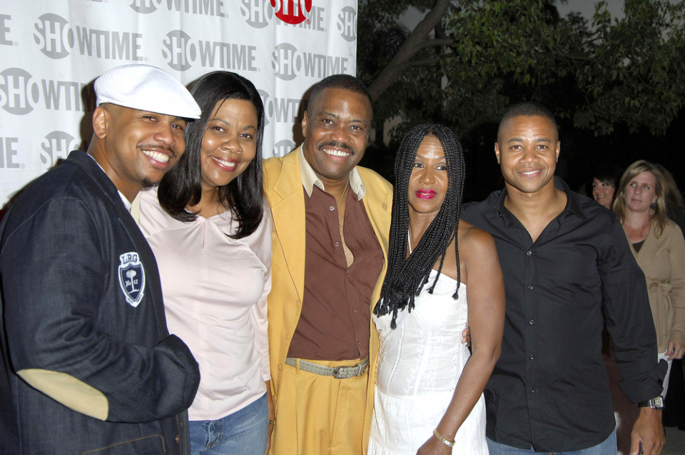 Omar Gooding, April, Cuba Gooding, Shirley, Cuba Gooding Jr at Showtime Premieres of WEEDS and BARBERSHOP, Paramount Studios, Los Angeles, CA, July 26, 2005 (Photo Credit: Everett Collection)