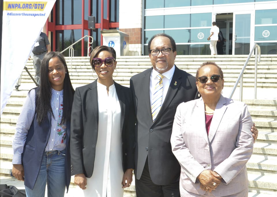 The official launch of the 2017 “Discover the Unexpected” Fellowship Program in Atlanta, GA. (From left to right) Chevrolet Diversity Marketing Manager, Michelle Alexander; Emcee-Songwriter, Philanthropist, Actress & DTU Ambassador and Spokesperson, MC Lyte; National Newspapers Publishers Association (NNPA) President and CEO, Dr. Benjamin F. Chavis Jr. and; Clark Atlanta University School of Arts and Sciences, Dean Danille K. Taylor, Ph.D. (Courtesy)