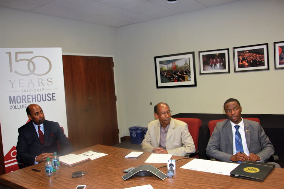 Interim President William Taggart, Professor and faculty trustee member Rod Thomas, and Johnathan Hill, student government association president. (Photo credit: Terry Shropshire for Steed Media). 