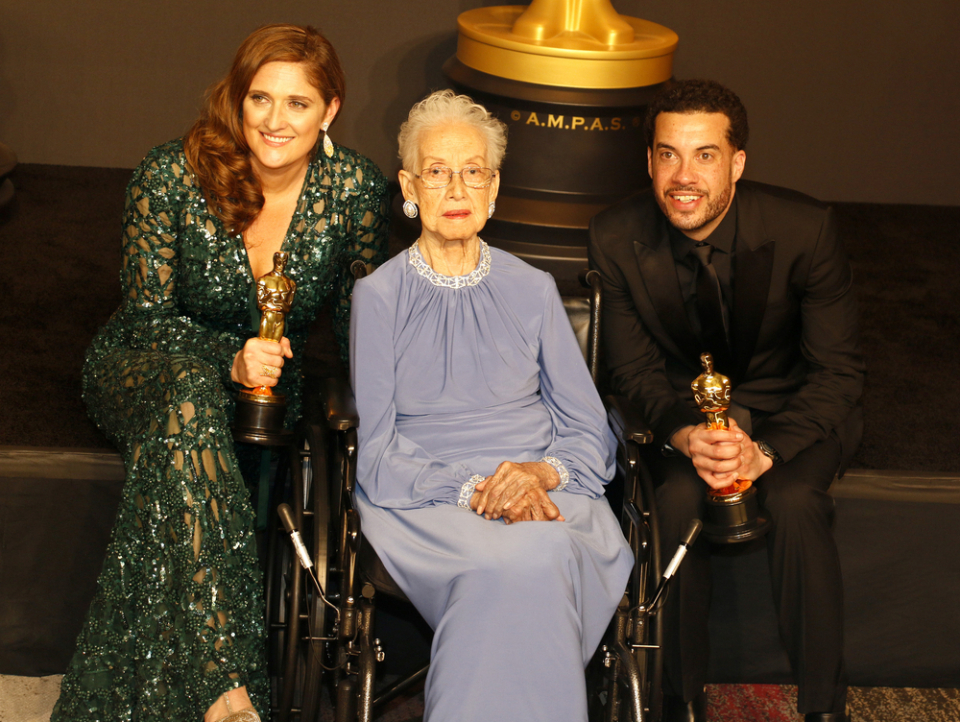 Caroline Waterlow, Katherine Johnson and Ezra Edelman at the 89th Annual Academy Awards - Press Room held at the Hollywood and Highland Center in Hollywood, USA on February 26, 2017. (Photo Credit: Tinseltown)