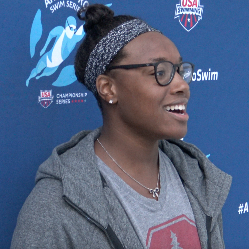 (Photo by Rashad Milligan for Steed Media) Simone Manuel talks to the media after Day two of USA Swim Pro Series at Atlanta.