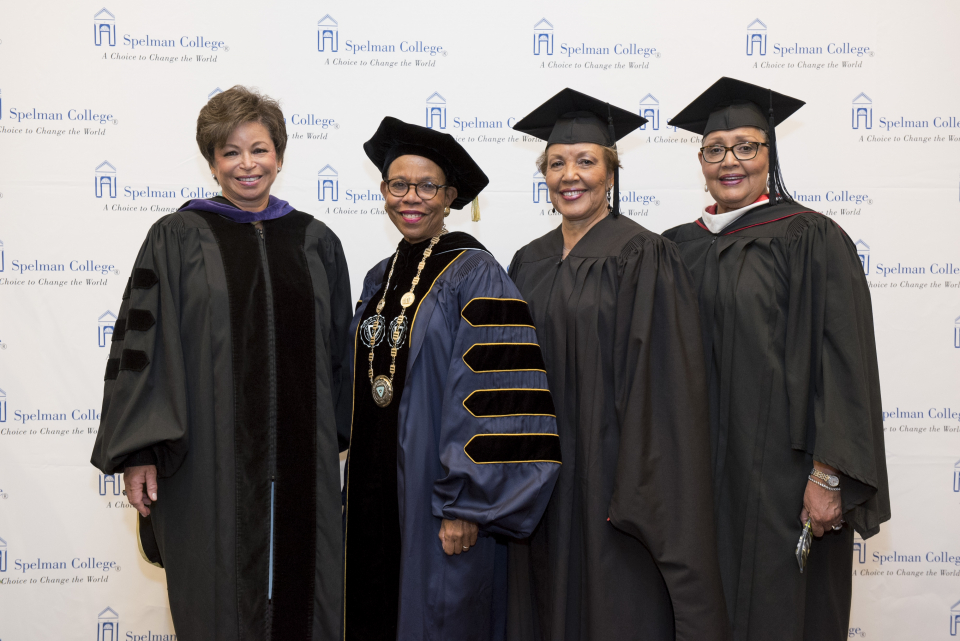 Honorees – Valerie Jarrett, Commencement speaker and recipient of the Spelman College National Community Service Award; Spelman College President Mary Schmidt Campbell; and Joylette Goble Hylick and Katherine Goble Moore, daughters of Katherine Johnson who was awarded an honorary Spelman College degree (Photo Credit: Spelman College)