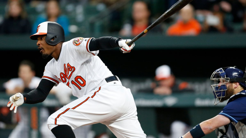 (Photo from @Orioles/ Twitter) Baltimore Orioles outfielder Adam Jones takes a swing during a game.