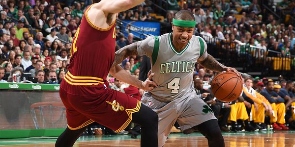 (Photo from @Celtics/ Twitter) Boston Celtics guard Isaiah Thomas drives against Cleveland Cavaliers defender.