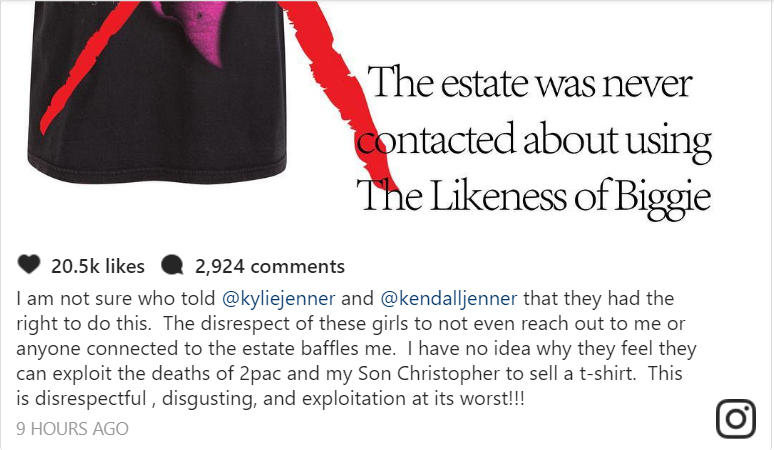 Biggie's mom blasts Kylie and Kendal Jenner's 'disgusting' T-shirts