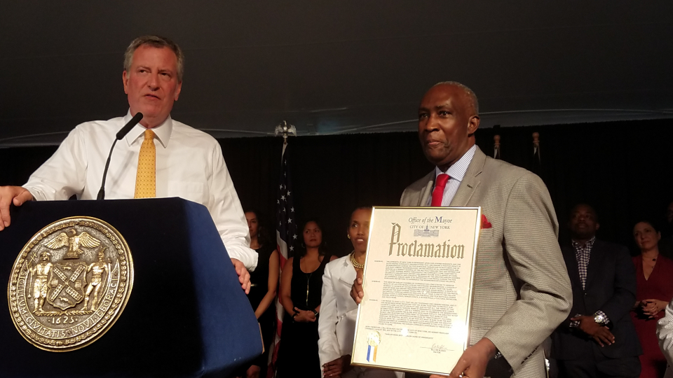 The Greater Harlem Chamber of Commerce President and CEO Lloyd Williams with New York City Mayor Bill de Blasio (Photo by Derrel Johnson for Steed Media Service)