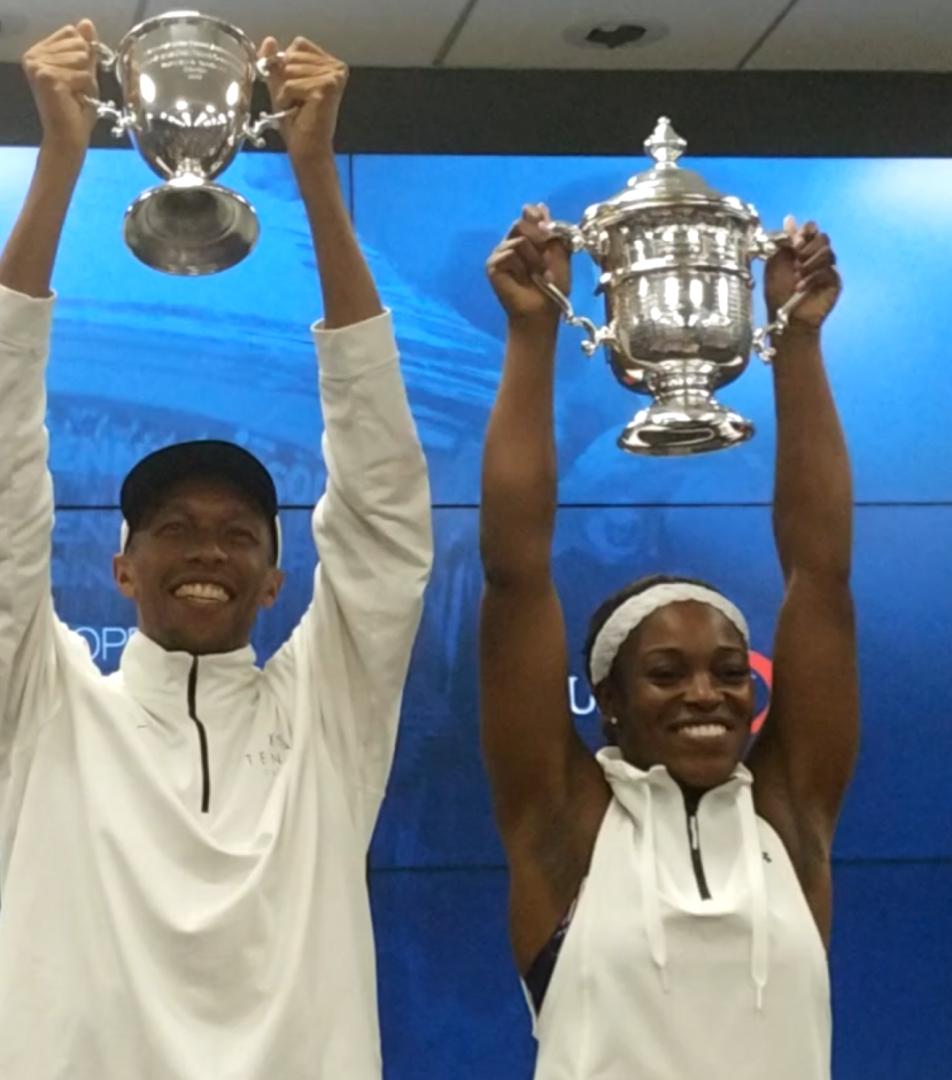 Kamau Murray and Sloane Stephens celebrate her win (Photo by Derrel Johnson for Steed Media Service)