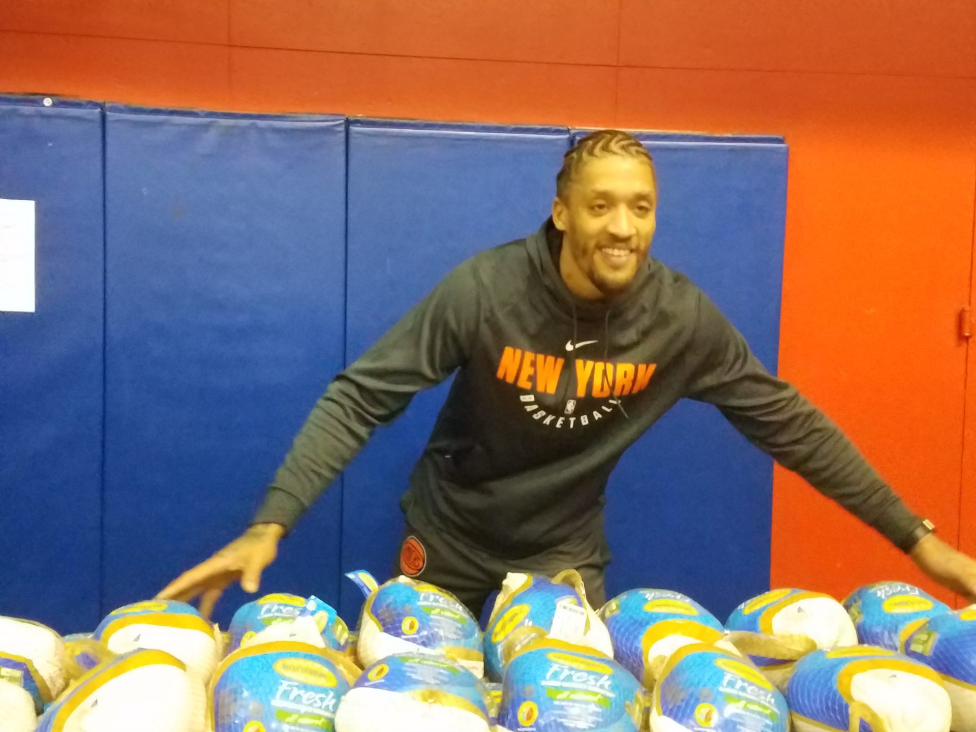 Michael Beasley in Harlem for Thanksgiving turkey donation (Photo by Derrel Johnson for Steed Media Service)