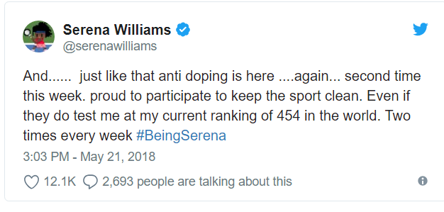 Serena Williams sounds off after getting 'randomly' tested for drugs again