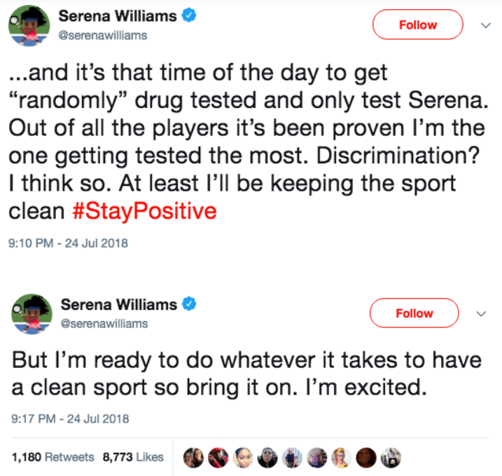 Serena Williams sounds off after getting 'randomly' tested for drugs again