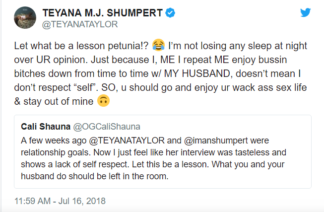 Teyana Taylor claps back at haters of her threesomes with hubby Iman Shumpert