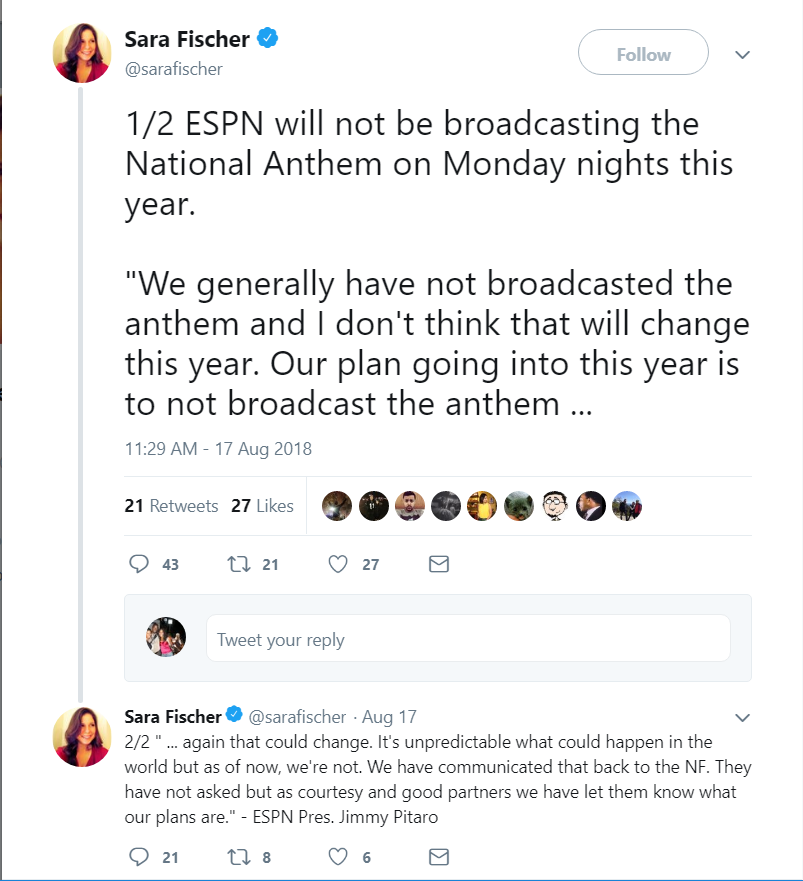 ESPN won't televise national anthem during MNF - NBC Sports