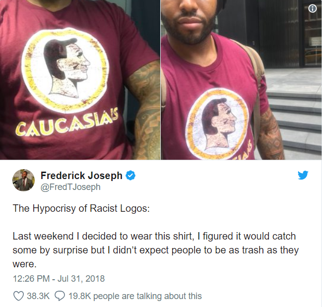 Black man wears a mocked-up Washington Redskins shirt saying 'Caucasians'  to expose 'hypocrisy'