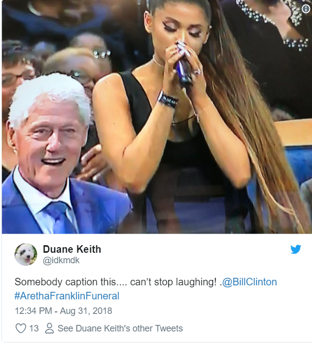 Twitter erupts when Bill Clinton stares down Ariana Grande at Aretha's funeral