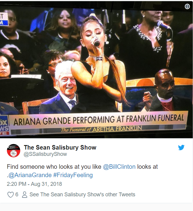 Twitter erupts when Bill Clinton stares down Ariana Grande at Aretha's funeral