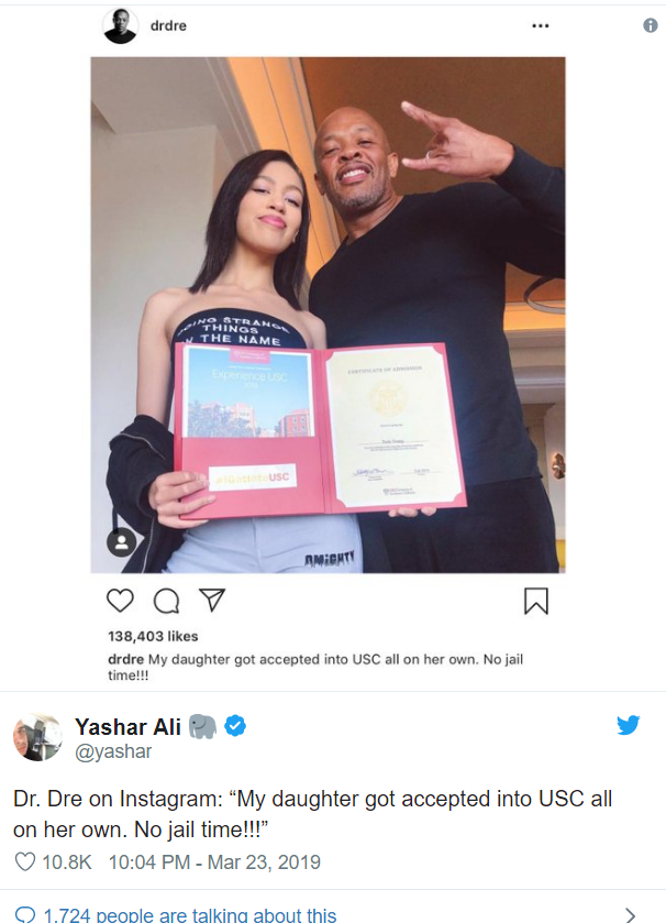 Twitter on fire after Dr. Dre brags on daughter getting into USC legally