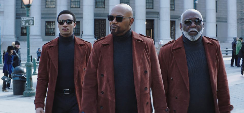 (L-R) JESSIE T. USHER as John "JJ" Shaft, SAMUEL L. JACKSON as John Shaft and RICHARD ROUNDTREE as John Shaft, Sr. in New Line Cinema's action comedy "SHAFT," a Warner Bros. Pictures release. (Courtesy of Warner Bros. Pictures)