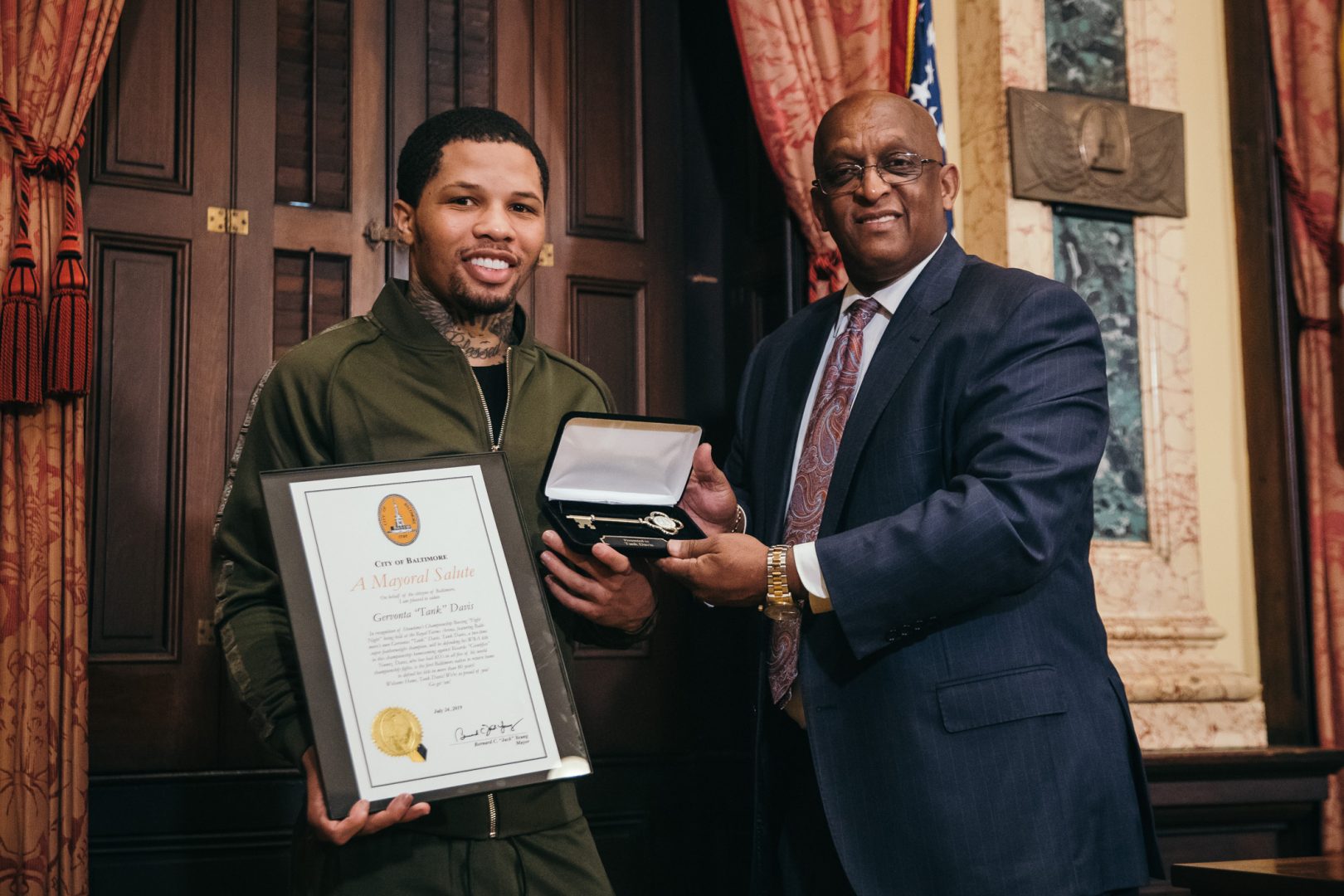 Gervonta “Tank” Davis was honored in his hometown Wednesday as Baltimore Mayor Bernard C. “Jack” Young presented him with the Key to the City at a ceremony at City Hall (Photo courtesy of Amanda Westcott/SHOWTIME)