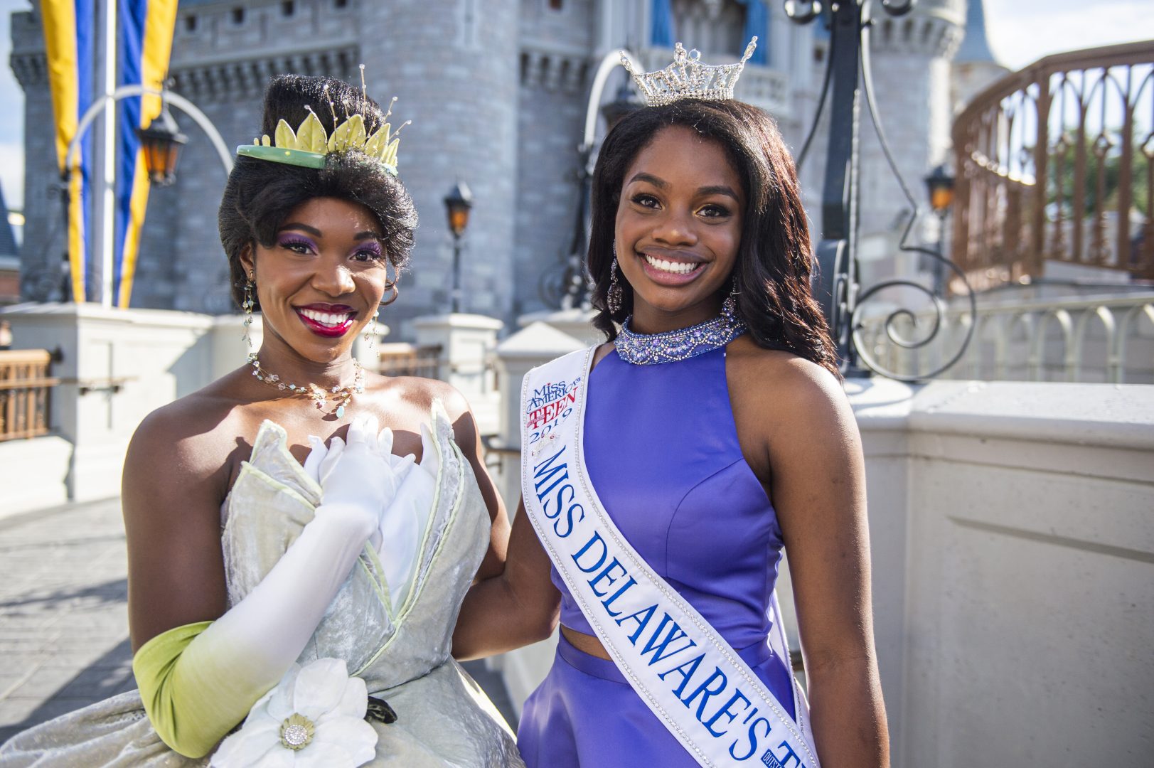 DDA 2019 alumna and Miss Delaware’s Outstanding Teen Jacqueline Means with her favorite Disney character, Princess Tiana, at the Magic Kingdom Park. (Photo by Abigail Nilsson)