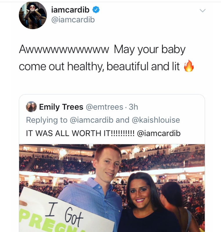 Cardi B responds to fan who told her she got pregnant for 'these tickets'