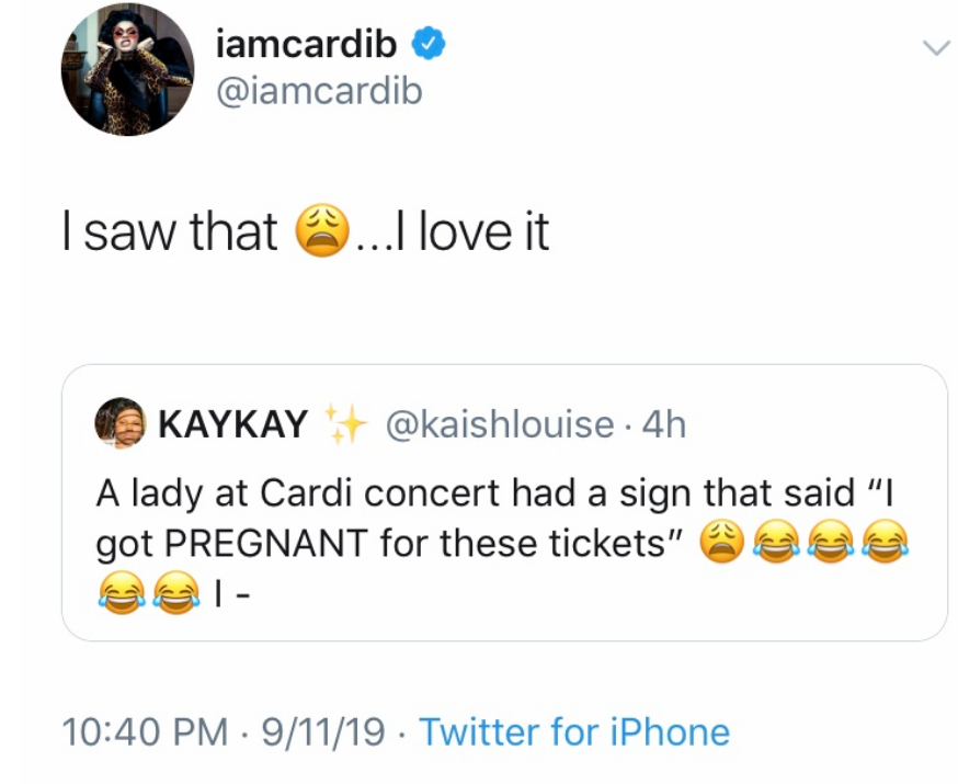 Cardi B responds to fan who told her she got pregnant for 'these tickets'