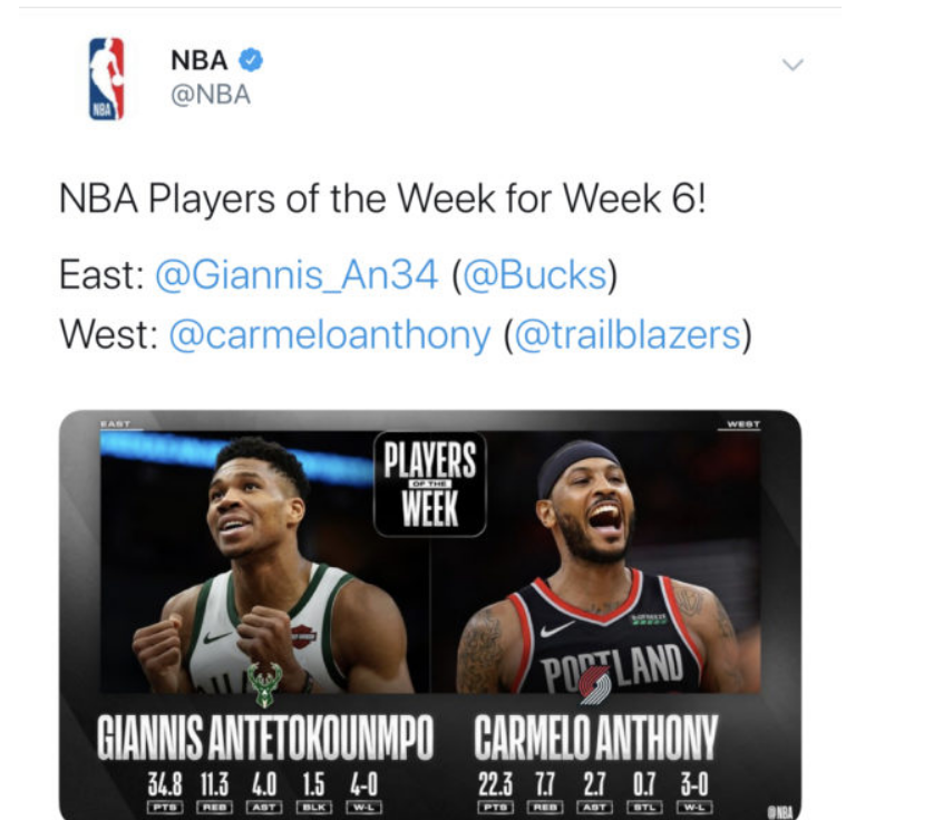 Carmelo Anthony responds to 'Player of the Week' award after a year away