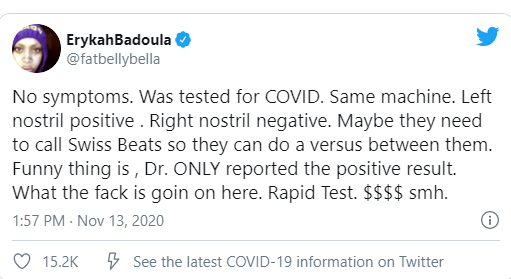 Erykah Badu tests positive for COVID-19 in 1 nostril, not the other (video)