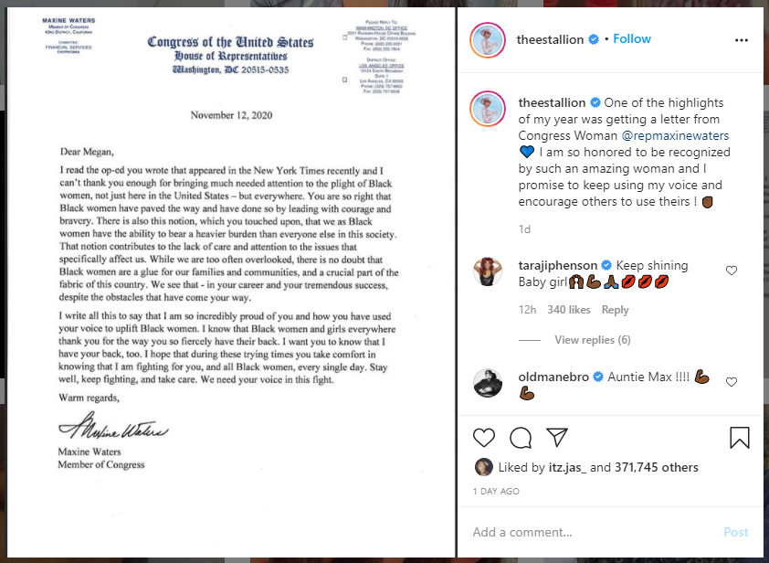 Megan Thee Stallion in awe of letter from Congresswoman Maxine Waters