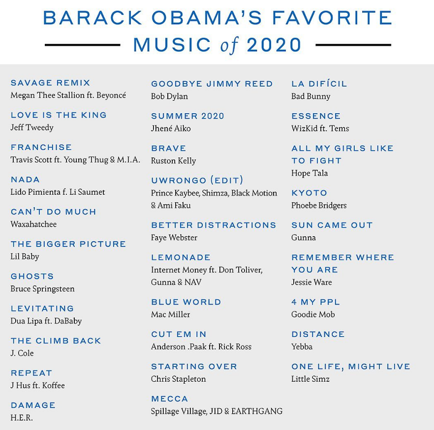 Barack Obama lists favorite songs of 2020 with Sasha's help