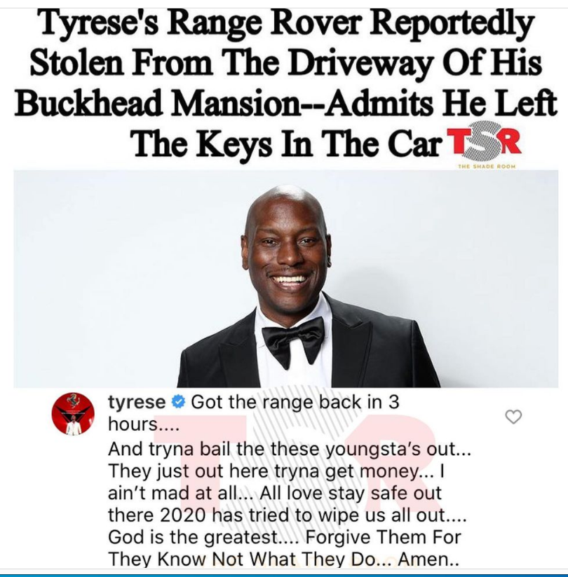 Why Tyrese tried to bail out thieves who stole his SUV from his driveway