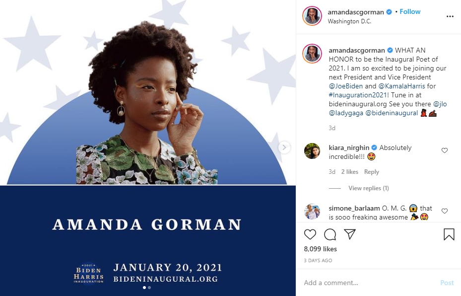 Joe Biden selects Amanda Gorman as poet for inauguration