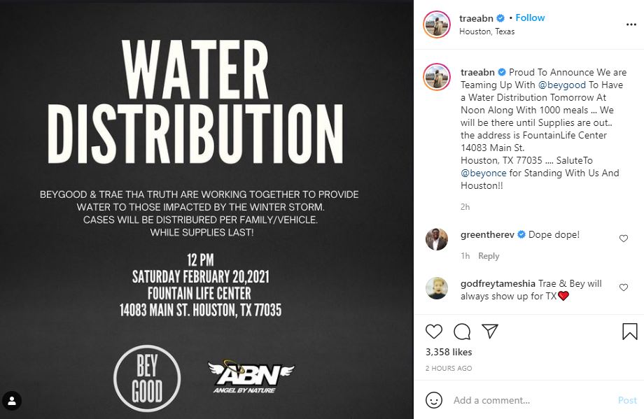 Trae Tha Truth and Beyoncé provide water and food for Houston after snowstorm