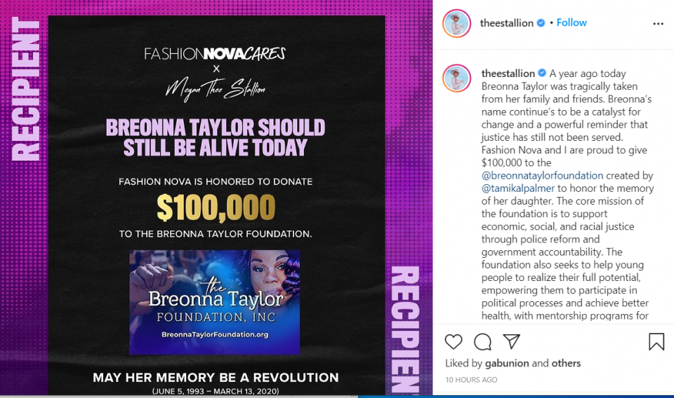 Megan Thee Stallion donates $100K to Breonna Taylor Foundation