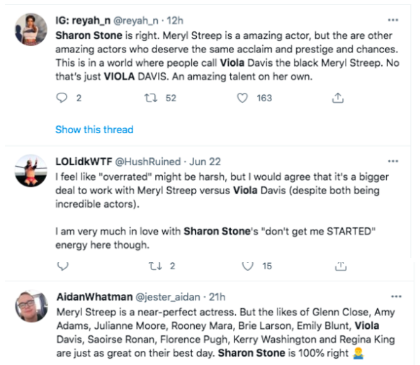 Sharon Stone says Viola Davis as great as Meryl Streep, and Twitter agrees