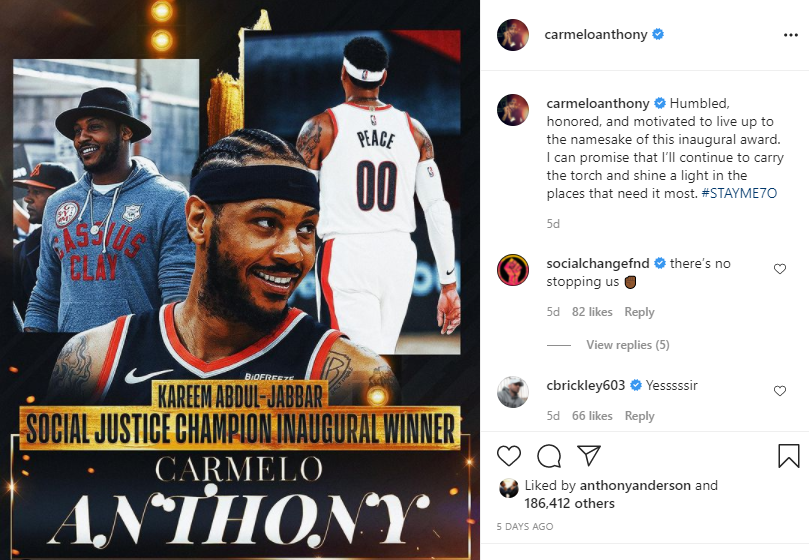 NBA honors Carmelo Anthony for his social justice initiatives