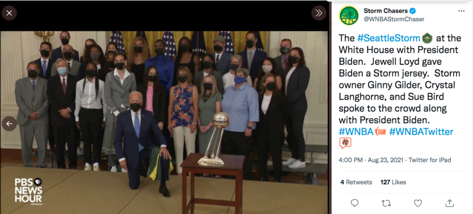 President Biden kneels during Seattle Storm's visit to White House