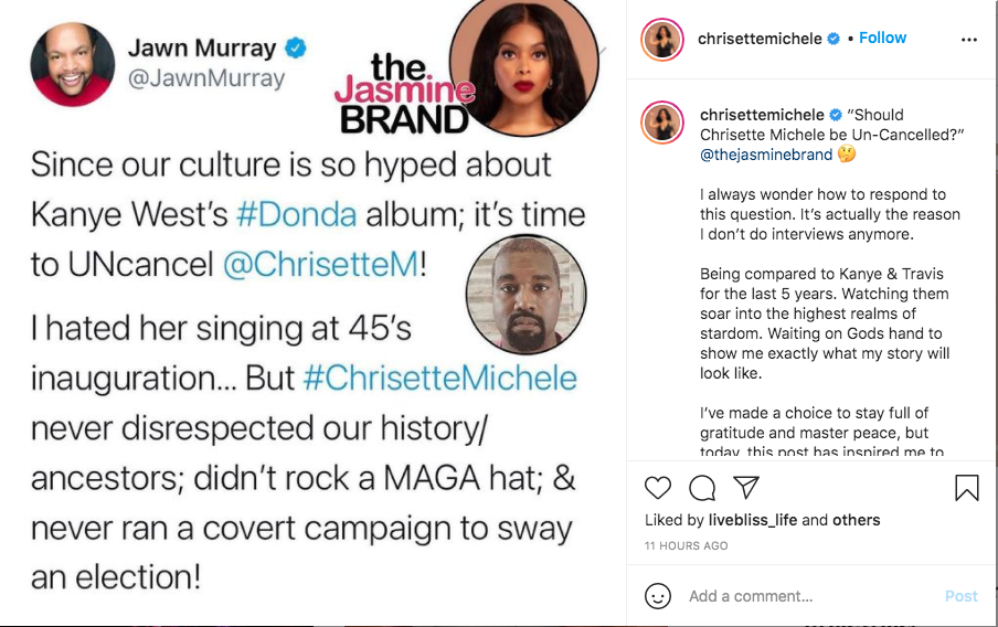 Chrisette Michele is bitter about being canceled while Kanye West thrives