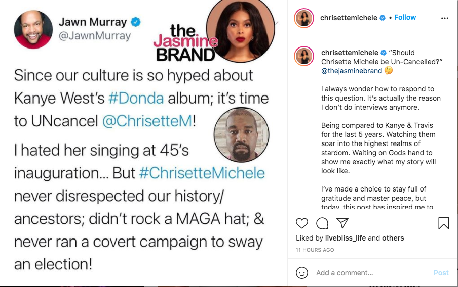 Chrisette Michele is bitter about being canceled while Kanye West