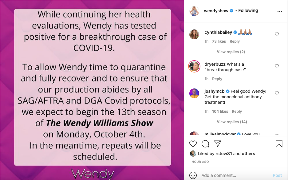 Wendy Williams tests positive for breakthrough case of COVID-19