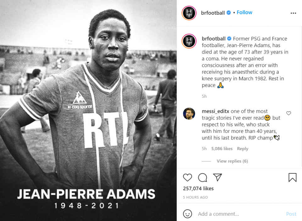 Ex-soccer player Jean-Pierre Adams dies after 39 years in a coma