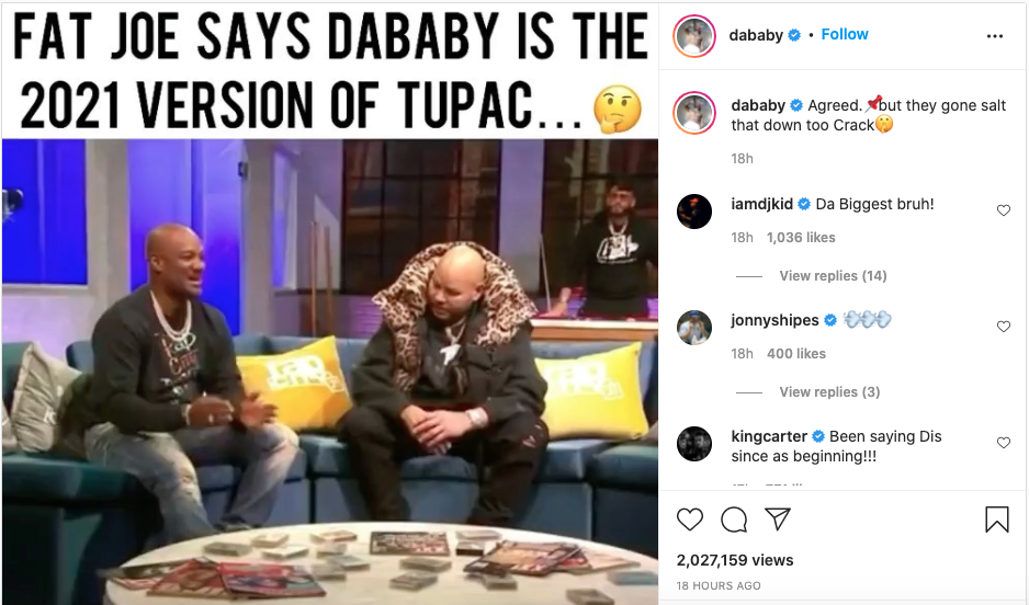 Twitter outraged that Fat Joe says DaBaby is the Tupac of today