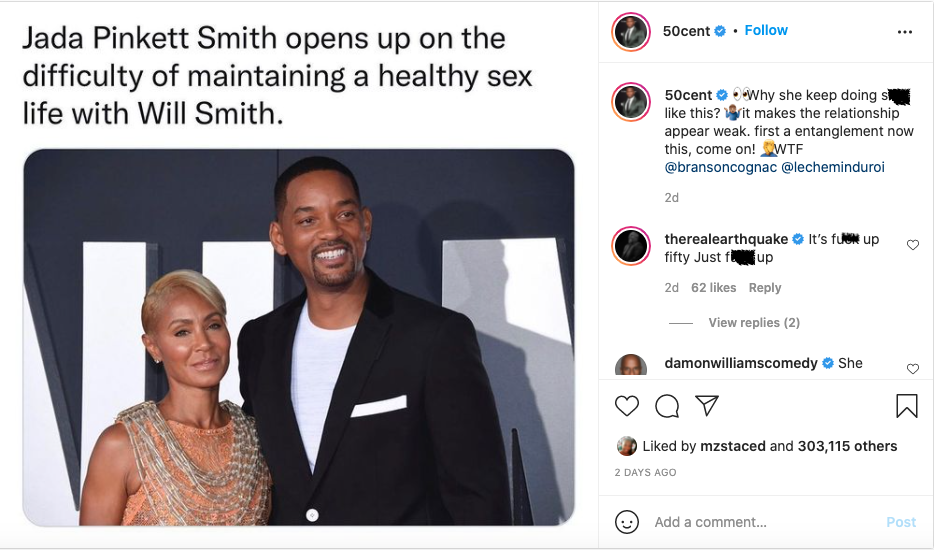 50 Cent slammed for asking why Jada discussed sex issues with Will Smith