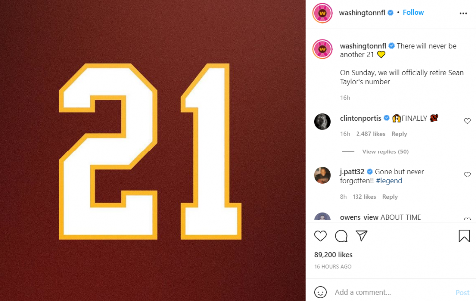 The Washington Football Team plans to retire the late Sean Taylor’s jersey